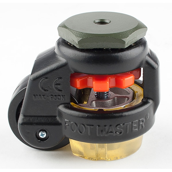 Leveling Caster, 42 mm Nylon Wheel, M8x1.25P Stem, Swivel, 60 kg Cap, PU Foot Pad, Black